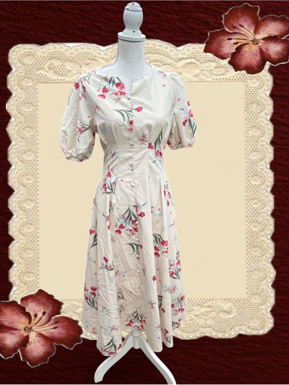 Floral Puff-Sleeve Midi Dress in Cream and Pink